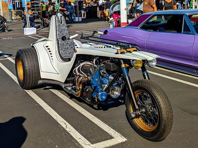 Cobra Trike: три колеса и автомобильный V8

Переднее колесо от мотоцикла, широкая задняя колея и автомобильный V8 между 