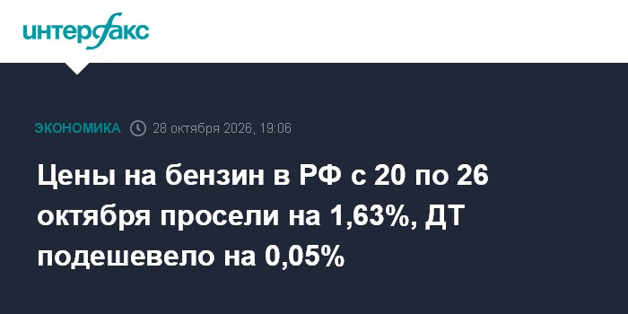 Цены на бензин в РФ с 20 по 26 октября просели на 1,63%, ДТ подешевело на 0,05%

Цены на бензин в РФ с 20 по 26 октября 