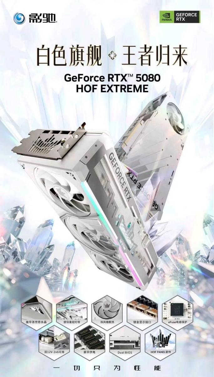 Galax представила уникальную GeForce RTX 5080 HOF Extreme с двумя 16-контактными разъёмами питания и кристаллами Сваровс